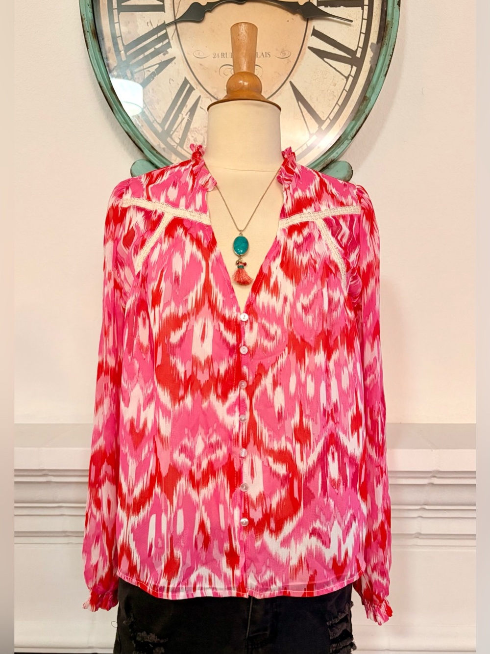 Aqua Toile Ruffle Blouse Pink & Red Printed